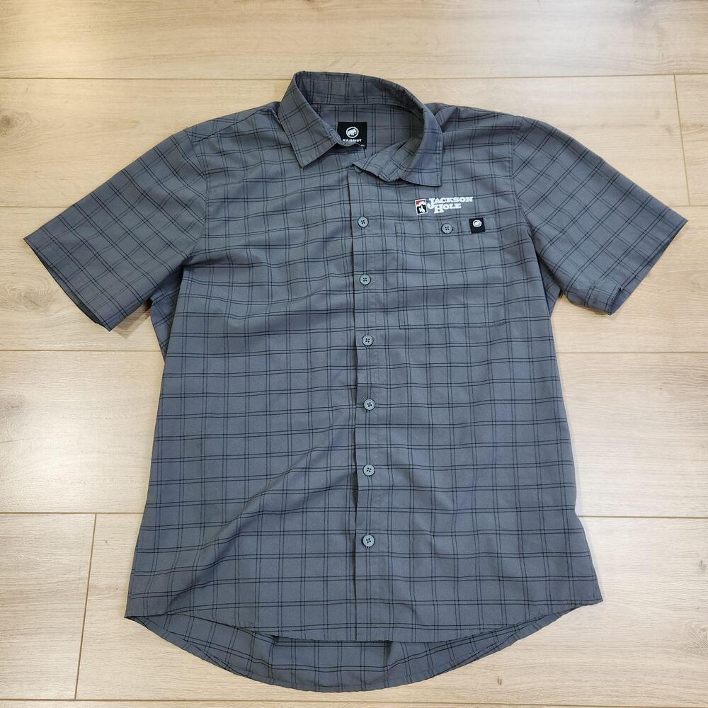 Mammut Lenni Shirt Mens Medium Gray Short Sleeve Button Up Jackson Hole Logo